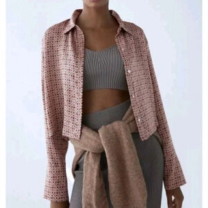 Zara Satin Tan Floral Women's Crop Top Long Cuff Sleeve Button Down Size XS